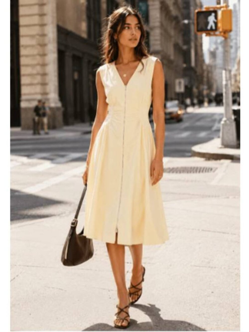 Candescent Fit&Flare Linen-Blend Midi Dress VNeck Defined Waist 2Way Front Zip